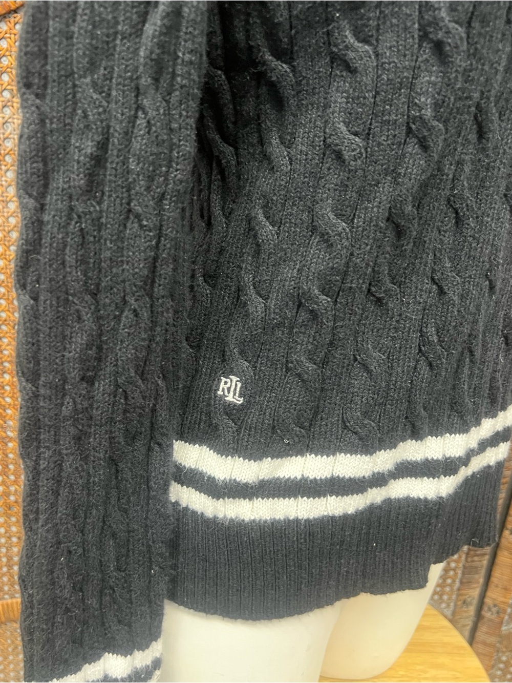 Lauren Ralph Lauren black white v neck sweater PL preppy cotton cable knit - Picture 8 of 11